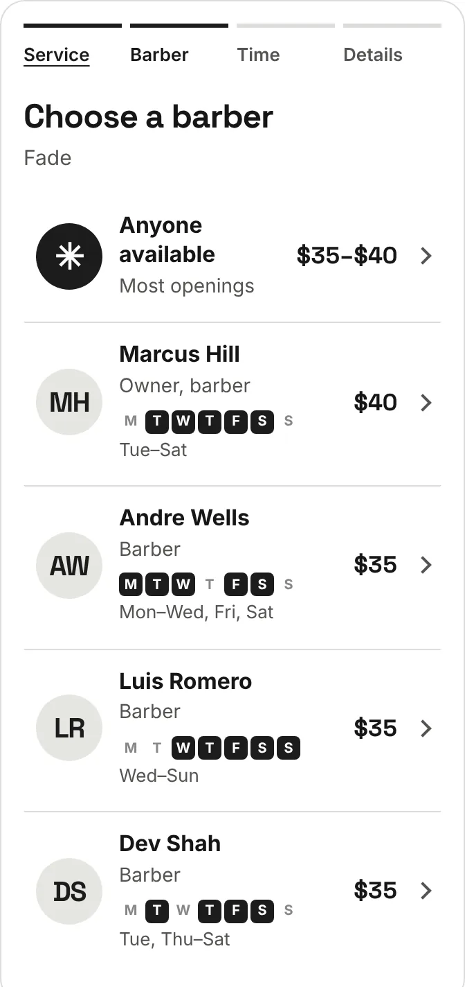 Booking page on a phone, choosing a barber for a fade: Anyone available, $35 to $40, or one of four barbers, each with a price and the days they work.