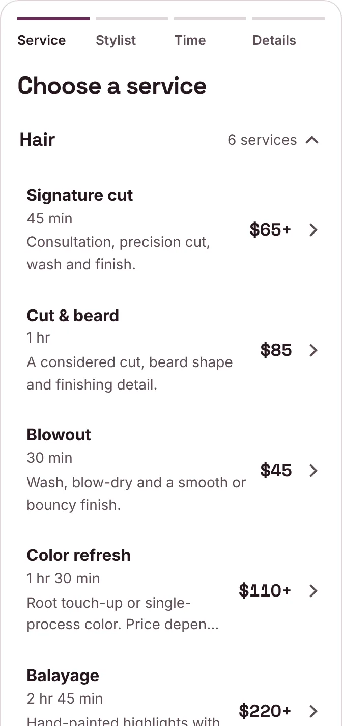 The booking page of a sample shop on a phone. Choose a service: Hair, 6 services. Signature cut, 45 min, $65+. Cut and beard, 1 hr, $85. Blowout, 30 min, $45.