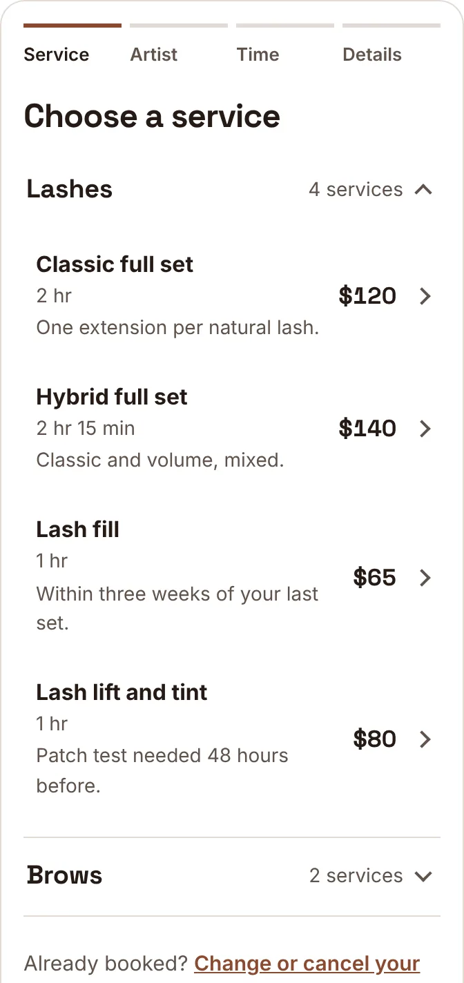 Booking page on a phone, choosing a service. Lashes: Classic full set, 2 hr, $120. Hybrid full set, 2 hr 15 min, $140. Lash fill, 1 hr, $65. Lash lift and tint, 1 hr, $80. Brows group below.